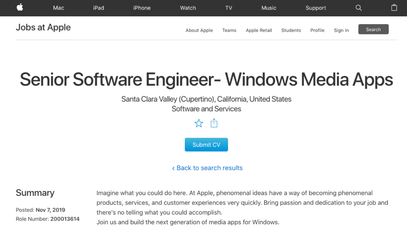 蘋果開缺徵 Windows 工程師，有意打造全新一代 Windows 的媒體應用程式