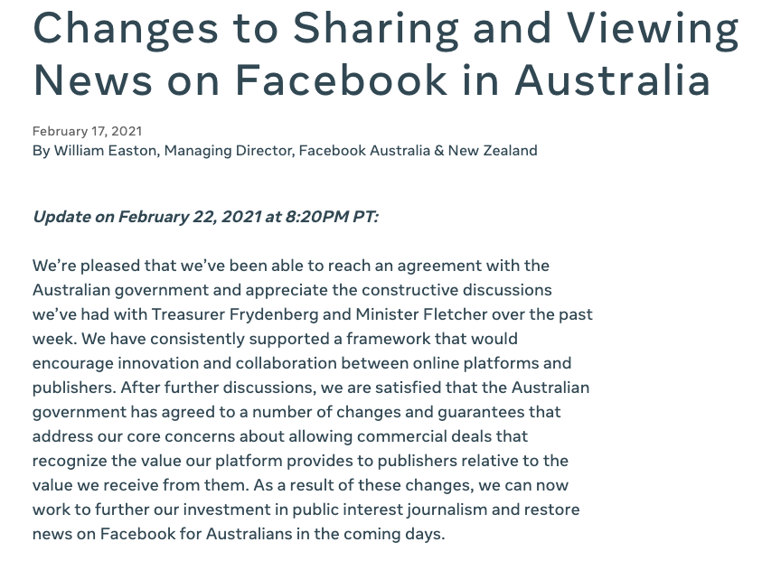 Facebook 與澳洲政府終於達成協議！承諾會盡快恢復新聞相關內容 它們之間發生了什麼事？（懶人包整理）
