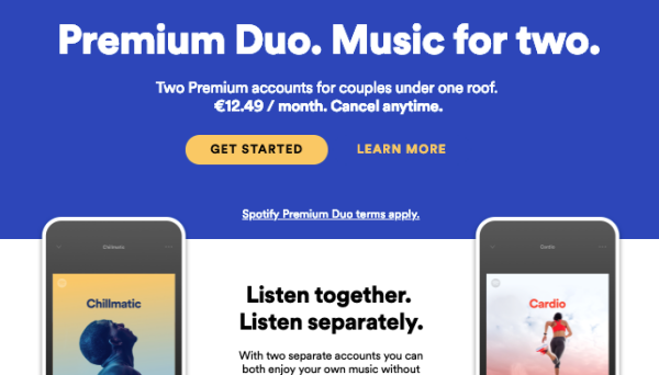 Spotify正在測試以兩個人為主的訂閱服務『 Premium Duo 』費用介於個人版跟家庭共享版之間