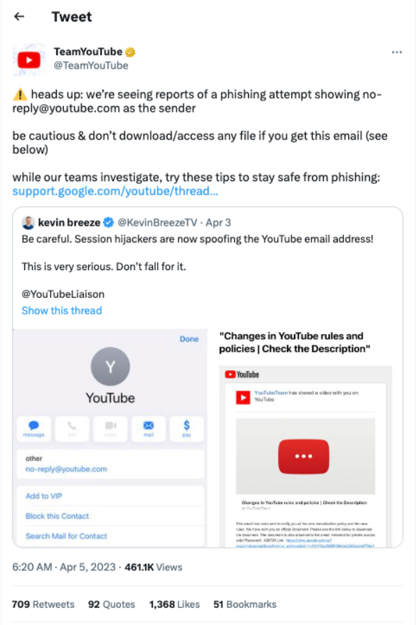 收到不要點！YouTube 官方警告用戶：勿點擊詐騙郵件中的連結