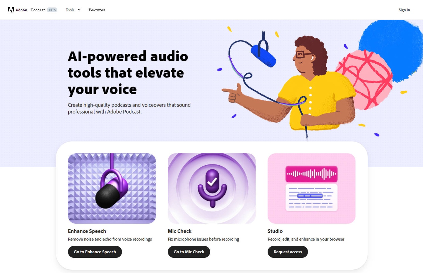 Adobe Sound Software Podcast, gürültüyü azaltmak, yankıyı kaldırmak ve vokalleri mükemmelleştirmek istediğinizde size yardımcı olmak için yapay zekayı kullanarak tek tıklamayla post prodüksiyon sağlar.