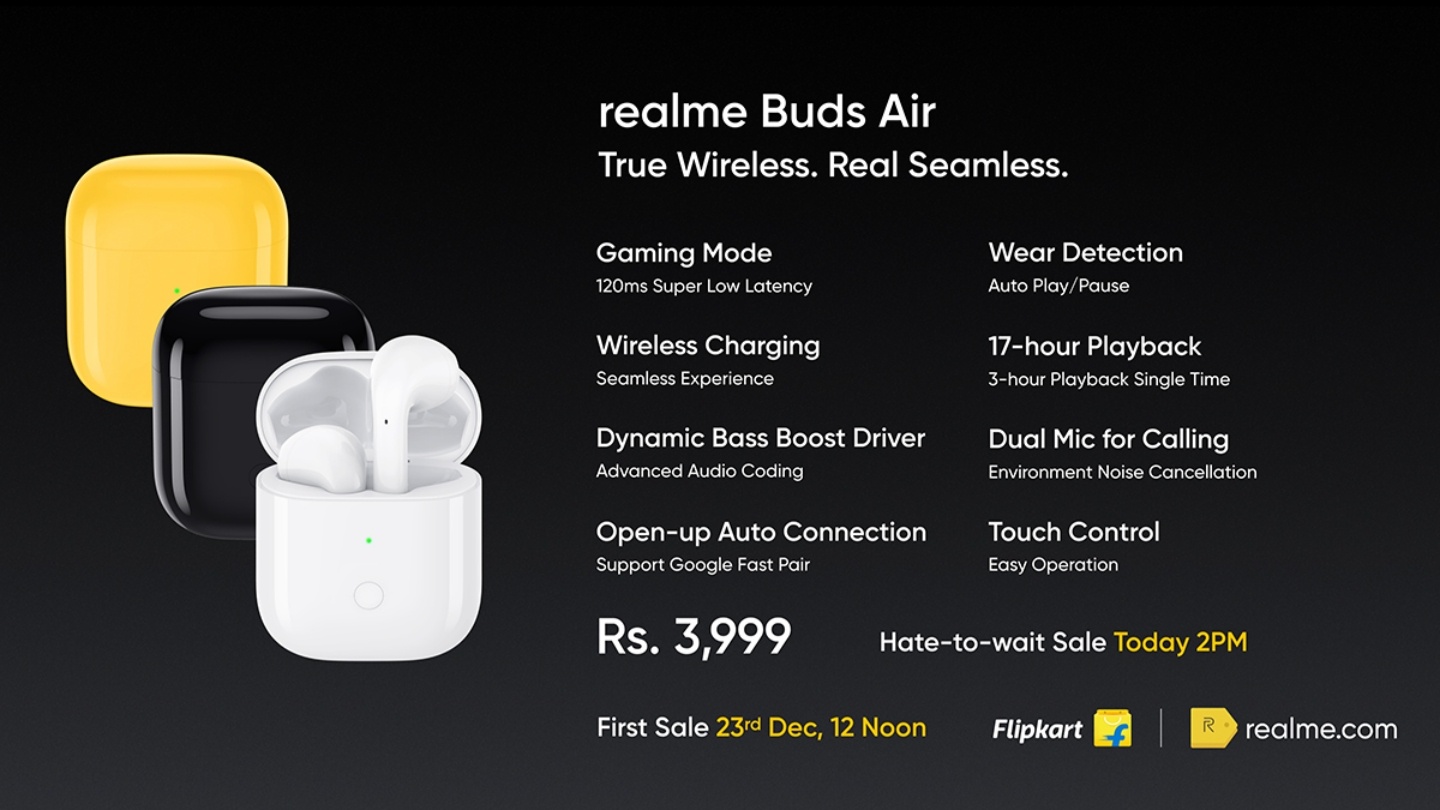 撞臉 AirPods！『 realme Buds Air 』正式於印度發表，有黑、白、黃三色，售價約新台幣一千七百元