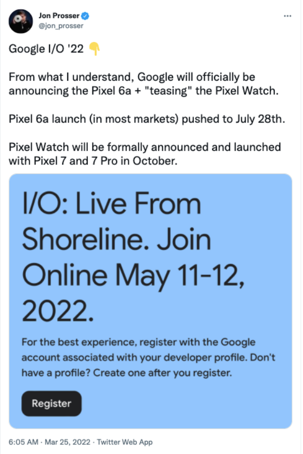 Google Pixel 6a 開賣日期曝光！Jon Prosser 爆料將於 7/28 出貨