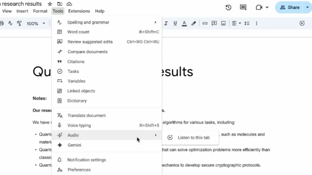 Google Docs 開啟新功能：Audio 語音朗讀模式，七種不同風格人聲 只支援英文、網頁版 Gemini AI 文字轉聲音