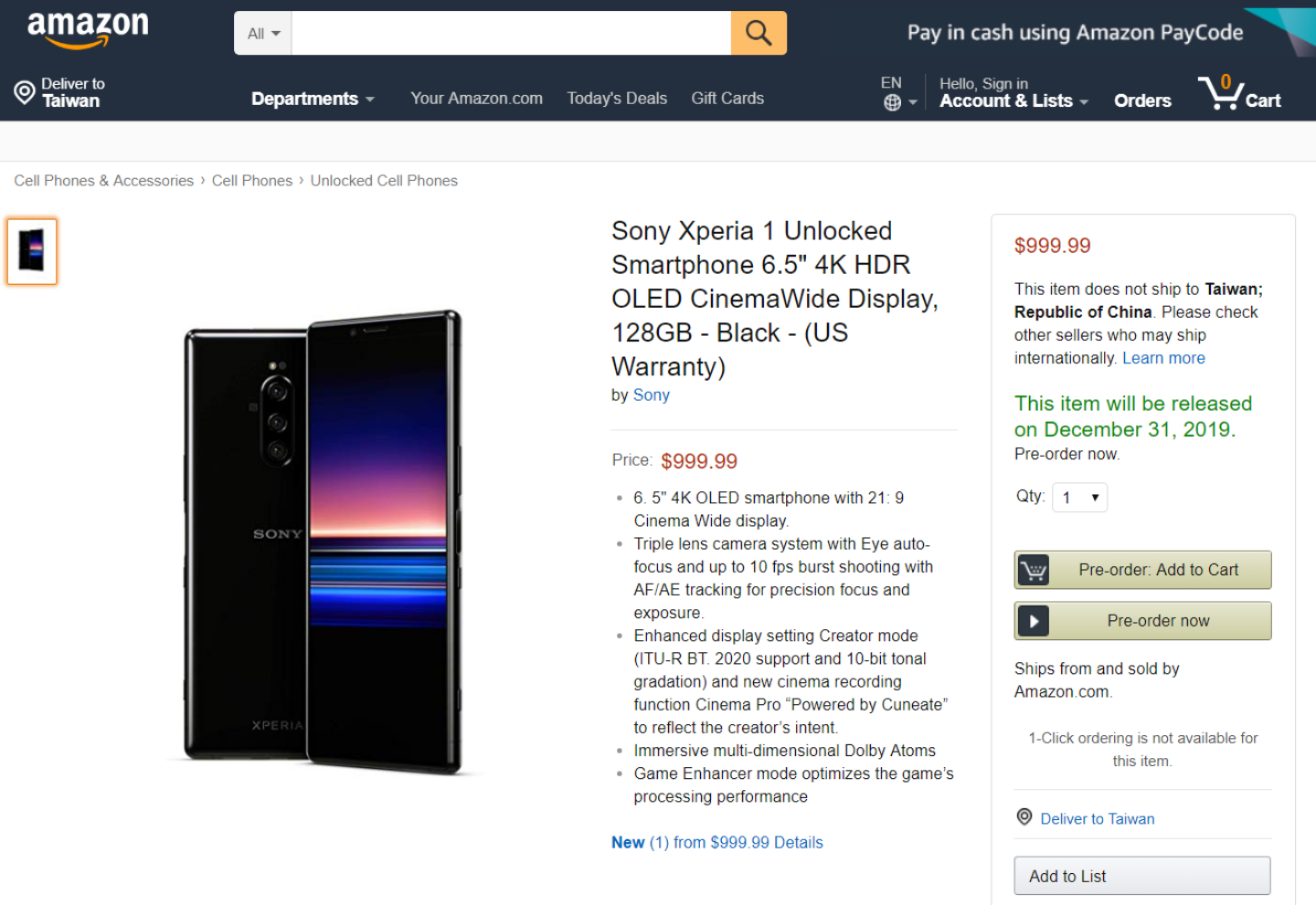 『Sony Xperia 1』價格出爐 !? 美國亞馬遜網站意外上架 美金999元你買單嗎？