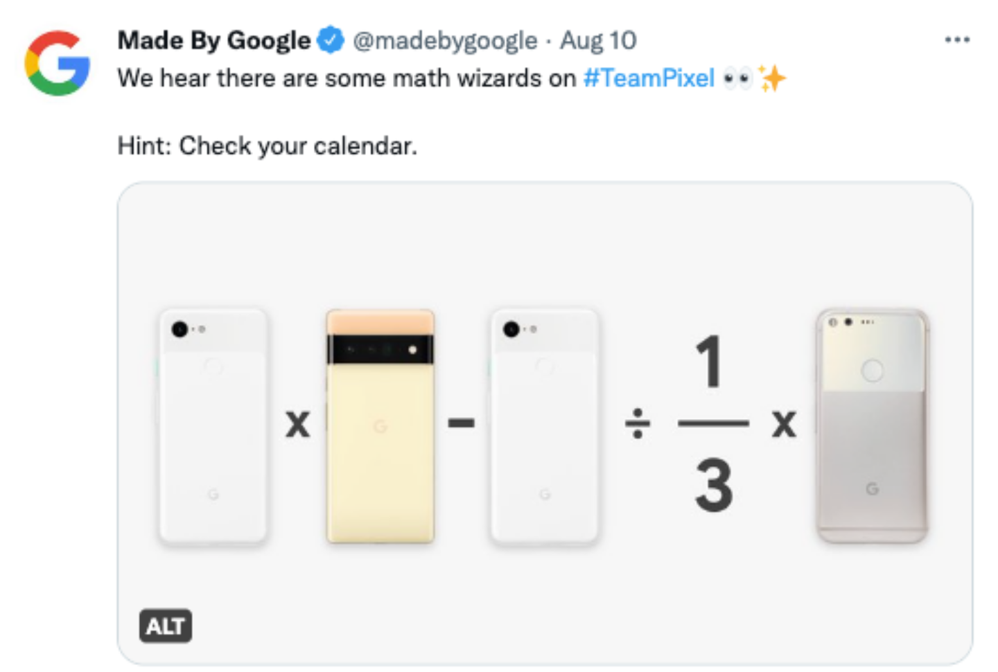 Google 在推特貼出神奇公式！暗示 Google Pixel 7 可能會在９月正式發表？