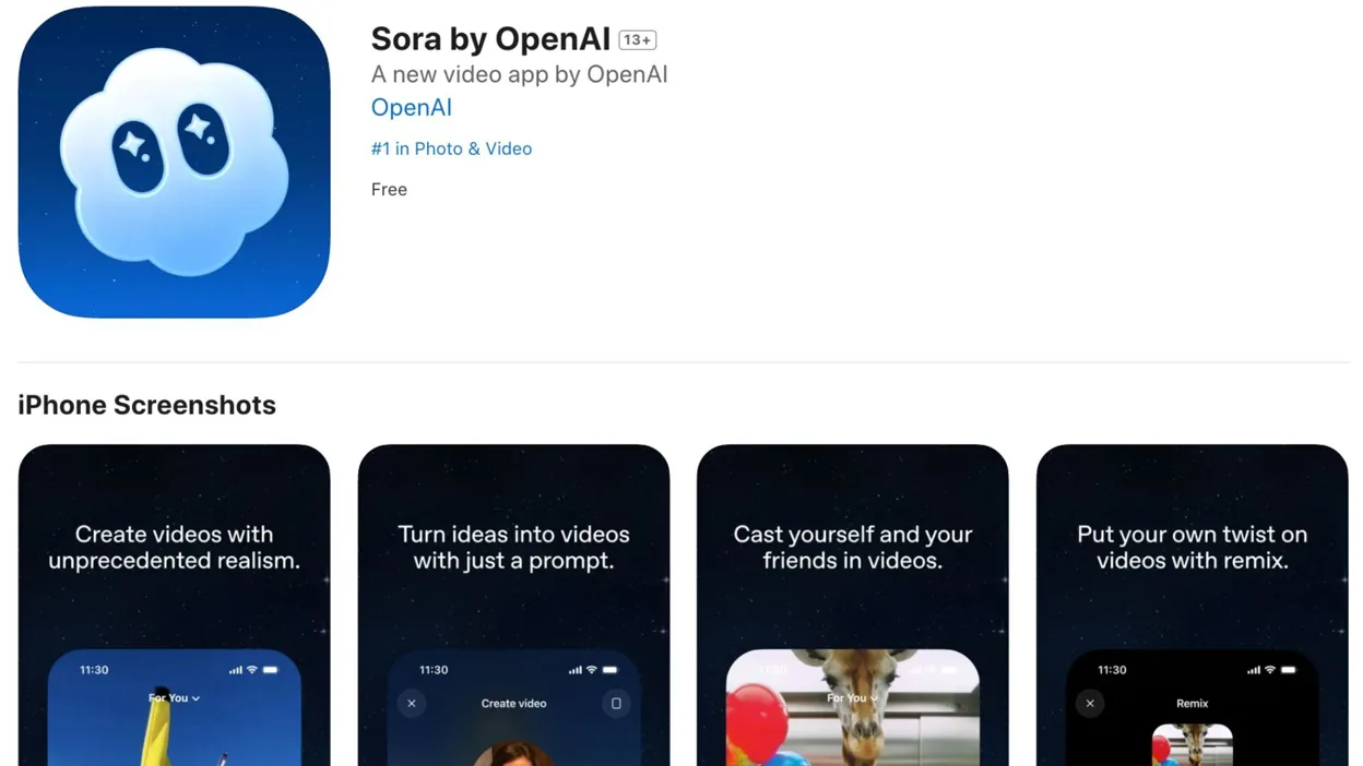 Open AI 旗下 Sora App 上線就爆紅 霸榜 App Store 前三名 下載量超過 16.4 萬次 直逼 ChatGPT、Gemini