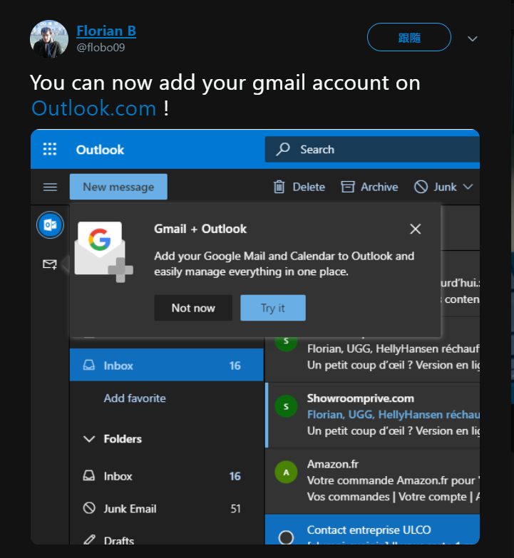 微軟正測試將 Gmail 整合進 Outlook 網頁版，以後不怕搞錯收件信箱了！