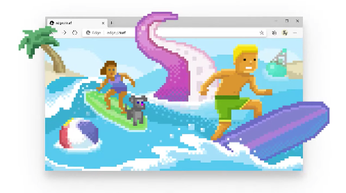 Microsoft Edge 隱藏版離線小遊戲『 來衝浪吧 』8 bit 風格加全彩色的畫面 快來挑戰你的最高分！