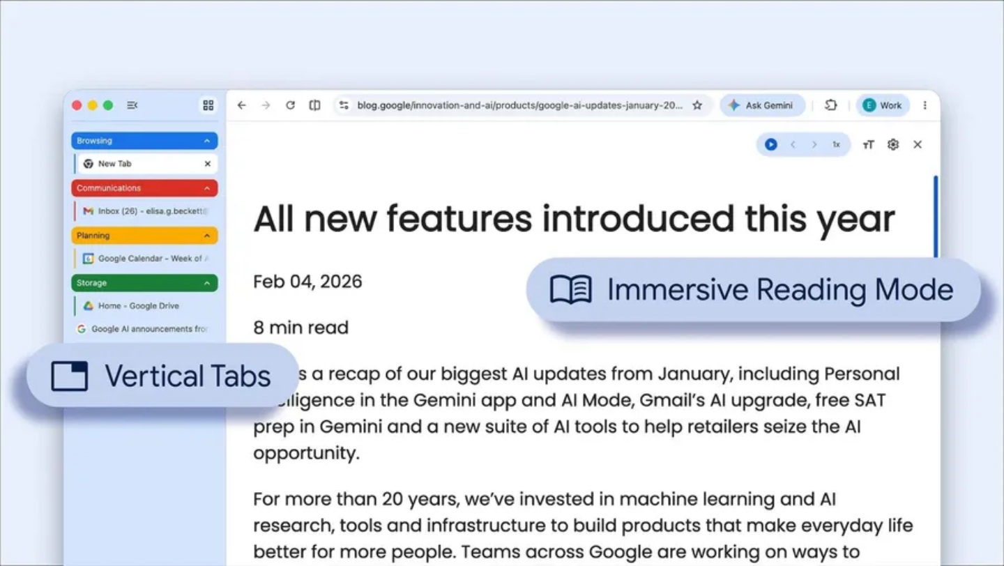 Google Gemini 變身最強大腦「notebooks」上線，Chrome 垂直分頁終於不用再翻找標籤啦！